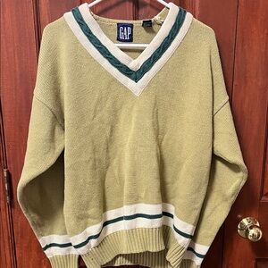 Vintage GAP Men's Tan V-Neck Sweater with Green Accents
